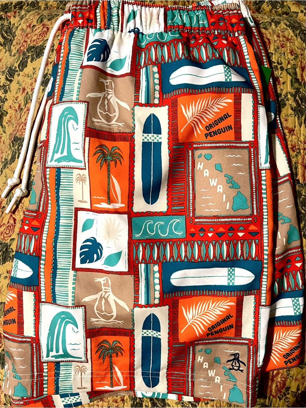 Original Penguin Patchwork Surf Print Drawstring Shorts - Orange/Teal/Navy/Tan